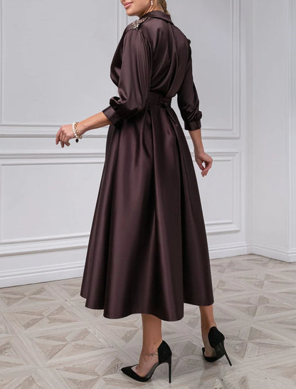 Wholesa A-Line Cocktail Dresses Elegant Dress Wedding Guest Evening Party Tea Length 3/4 Length Sleeve Shirt Collar Satin with Pleats