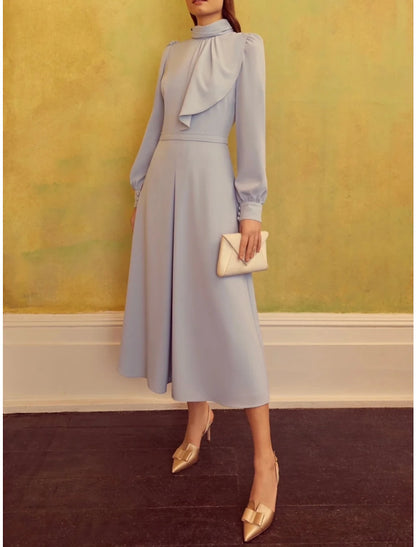 Wholesa  A-Line Mother of the Bride Dress Wedding Guest Elegant Petite High Neck Tea Length Satin Long Sleeve with Ruffles Ruching Solid Color