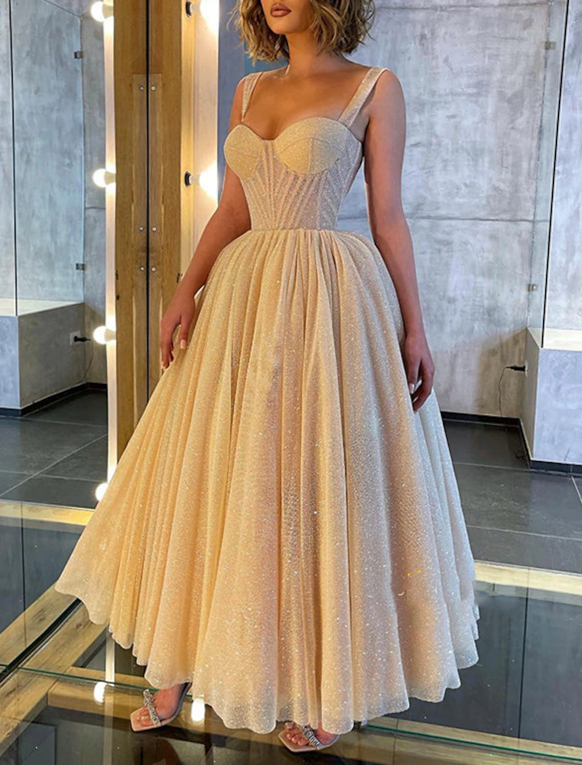 Wholesa Ball Gown Prom Dresses Corsets Dress Wedding Party Dress Birthday Ankle Length Sleeveless Spaghetti Strap Tulle with Glitter Sequin