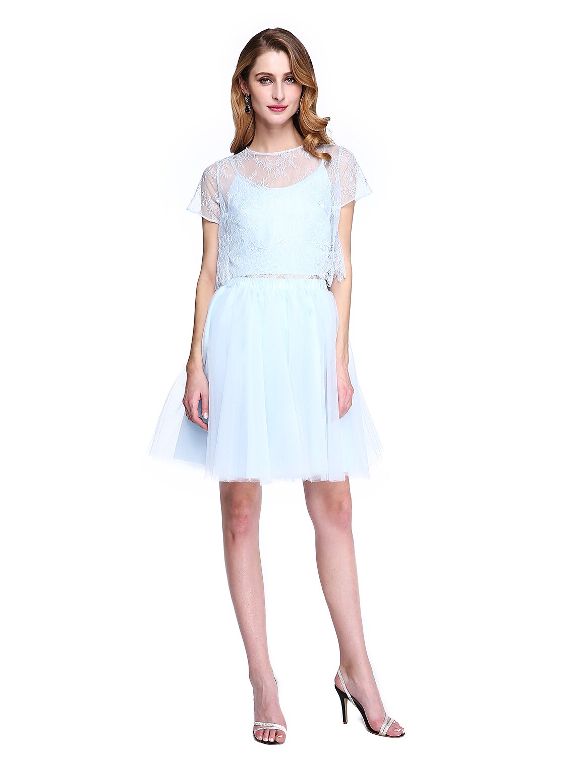 wholesale   A-Line Mother of the Bride Dress Two Piece Jewel Neck Knee Length Lace Tulle Short Sleeve No with Lace