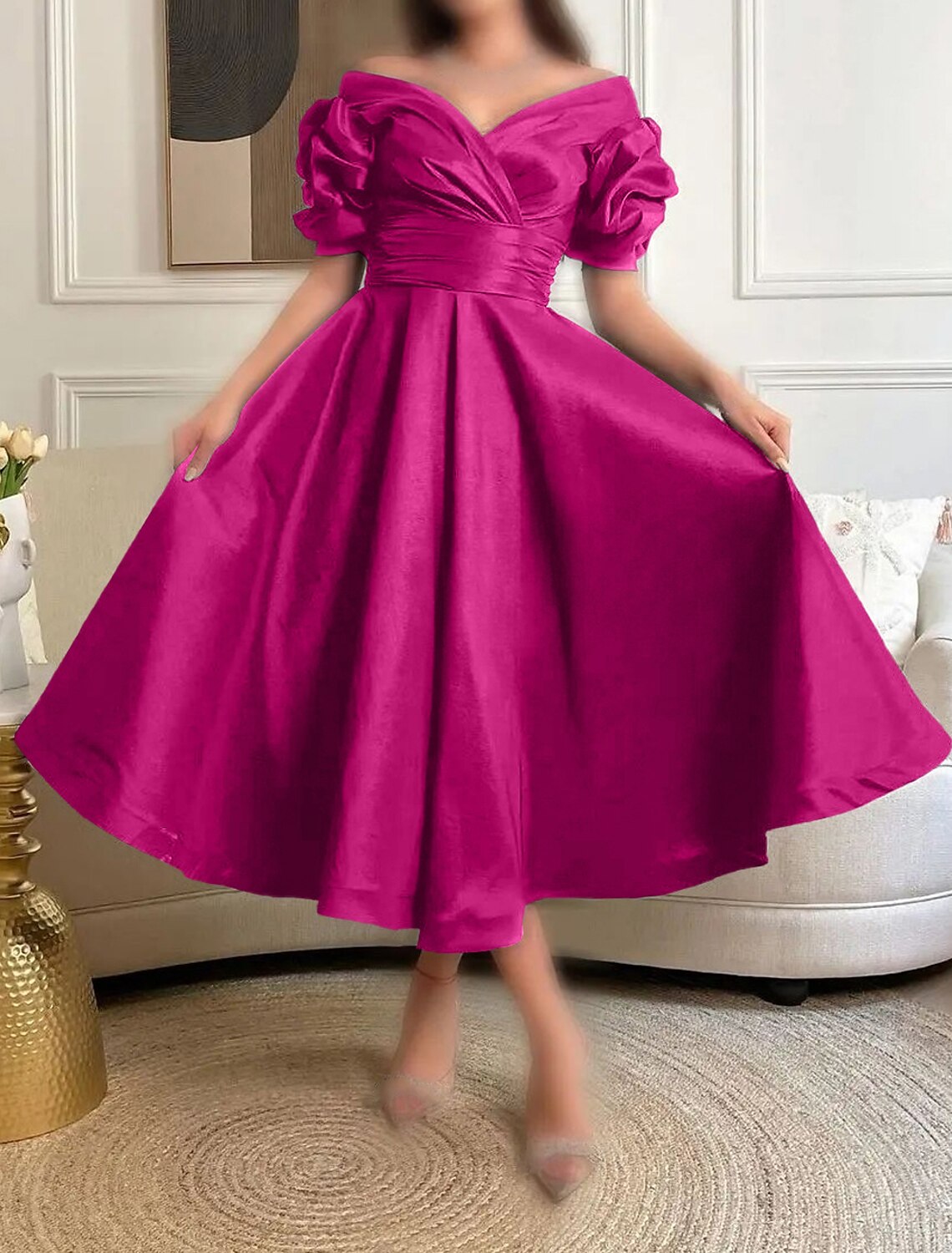 Wholesa A-Line Cocktail Dresses Elegant Dress Formal Prom Tea Length Short Sleeve Sweetheart Satin with Ruched