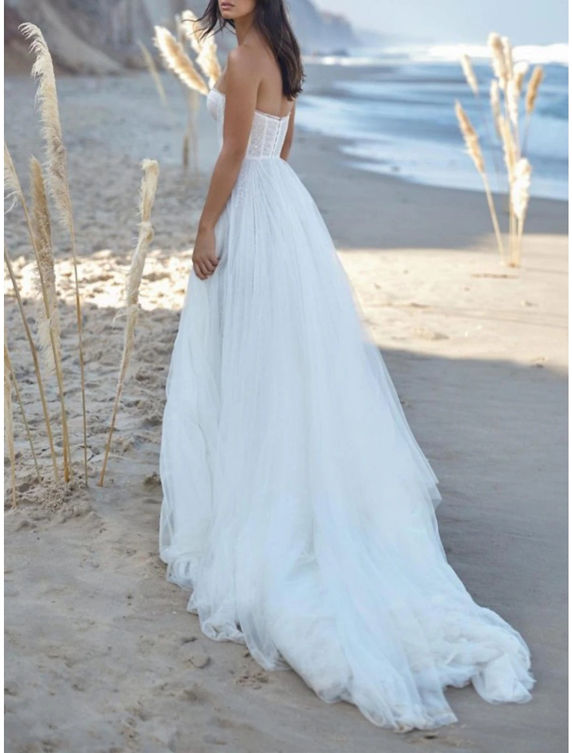 Wholesa Beach Sexy Wedding Dresses A-Line Sweetheart Strapless Court Train Lace Bridal Gowns With Pleats Split Front