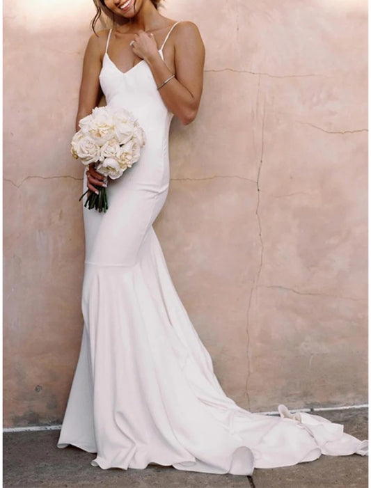 Wholesa Reception Casual Wedding Dresses Mermaid / Trumpet Camisole Sleeveless Court Train Satin Bridal Gowns With Pleats Solid Color