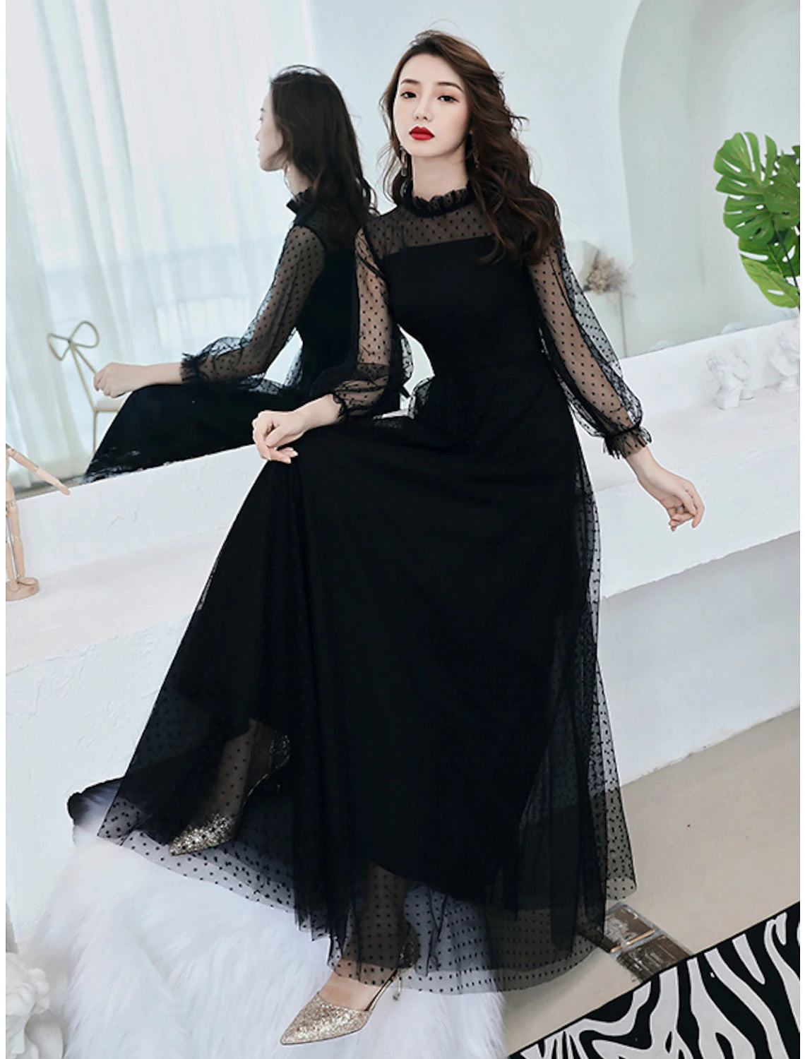 Wholesale A-Line Little Black Dress Elegant Party Wear Prom Dress High Neck Long Sleeve Floor Length Lace with Ruffles