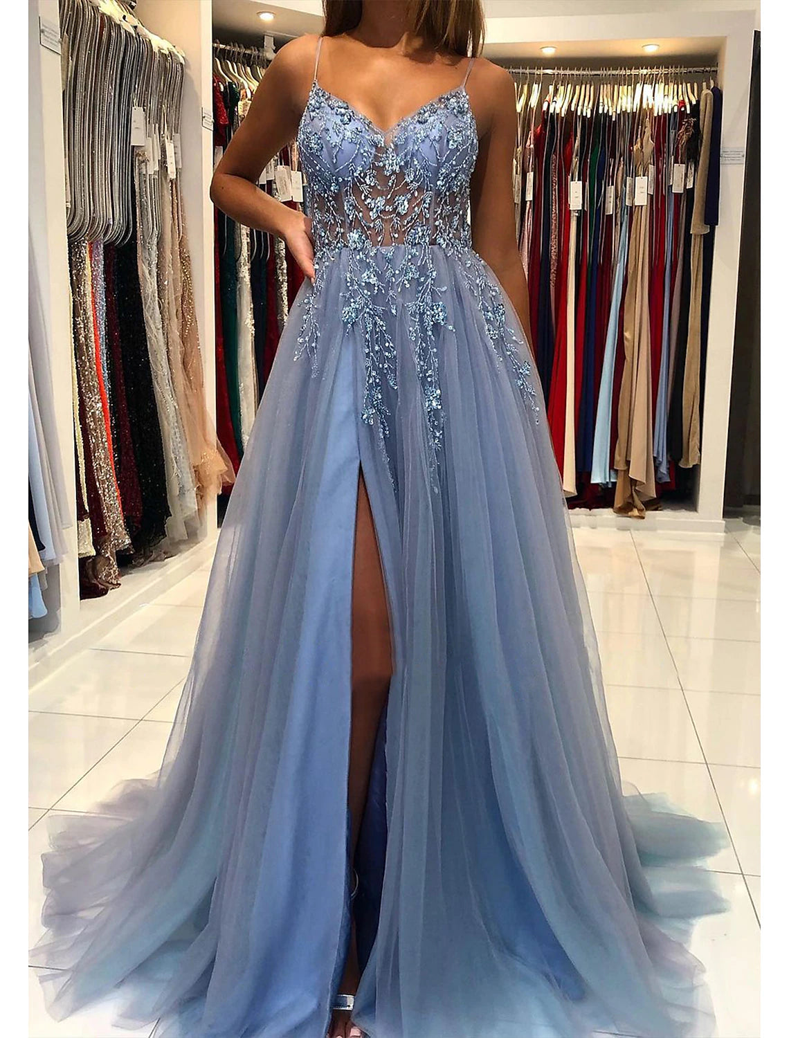 Wholesale A-Line Prom Dresses Evening Gowns Dress Formal Wear Dresses Wedding Guest Court Train Sleeveless V Neck Tulle with Beading