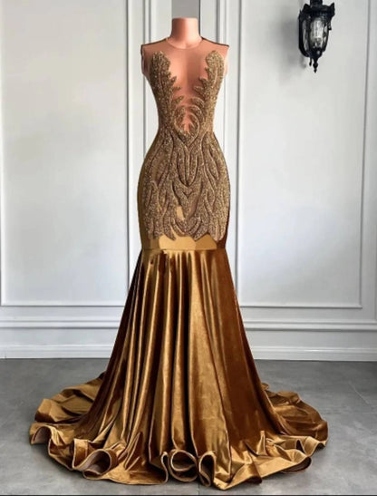 wholesale Mermaid / Trumpet Evening Gown Sparkle & Shine Dress Formal Court Train Sleeveless Jewel Neck African American Velvet with Beading