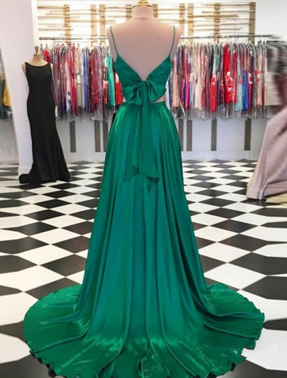 wholesale  Two Piece Prom Dresses Sexy Dress Formal Sweep / Brush Train Sleeveless Spaghetti Strap Charmeuse with Bow(s) Slit