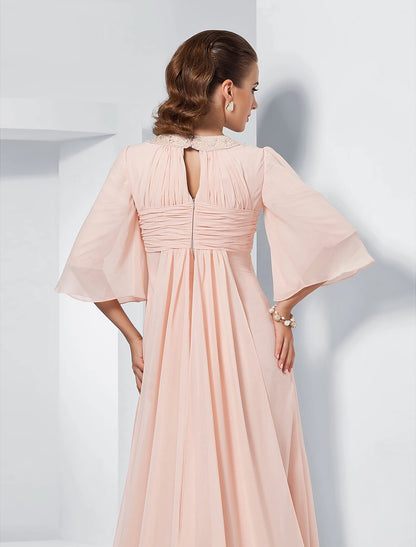 Wholesa A-Line Special Occasion Dresses Elegant Dress Wedding Guest Formal Evening Sweep / Brush Train Half Sleeve Jewel Neck Chiffon with Beading Draping