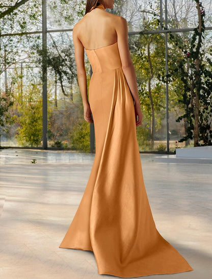 Wholesa Mermaid / Trumpet Evening Gown Sexy Dress Formal Wedding Guest Court Train Sleeveless Halter Neck Satin with Ruched Slit