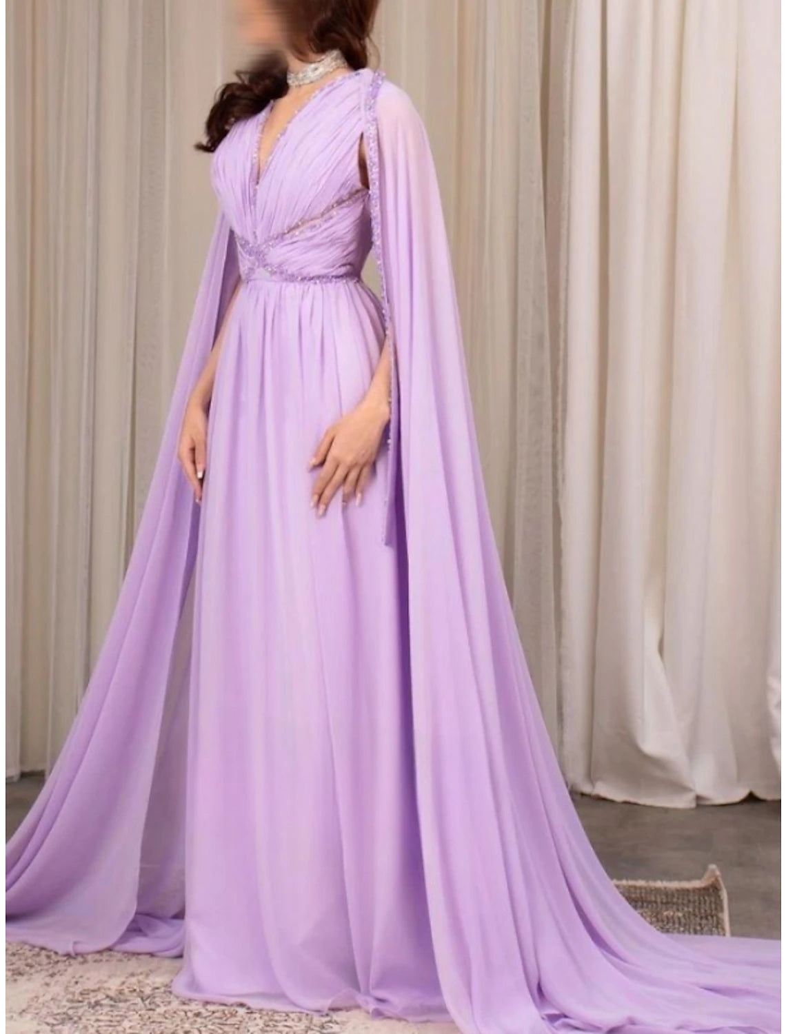 Wholesa A-Line Evening Gown Elegant Dress Formal Fall Court Train Long Sleeve V Neck Chiffon with Pleats Sequin