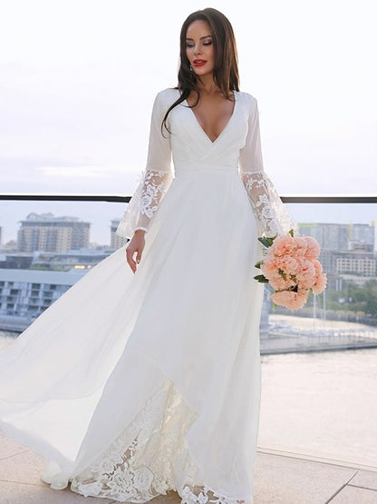 Wholesa  A-Line/Princess Lace V-neck Long Sleeves Sash/Ribbon/Belt Sweep/Brush Train Wedding Dresses