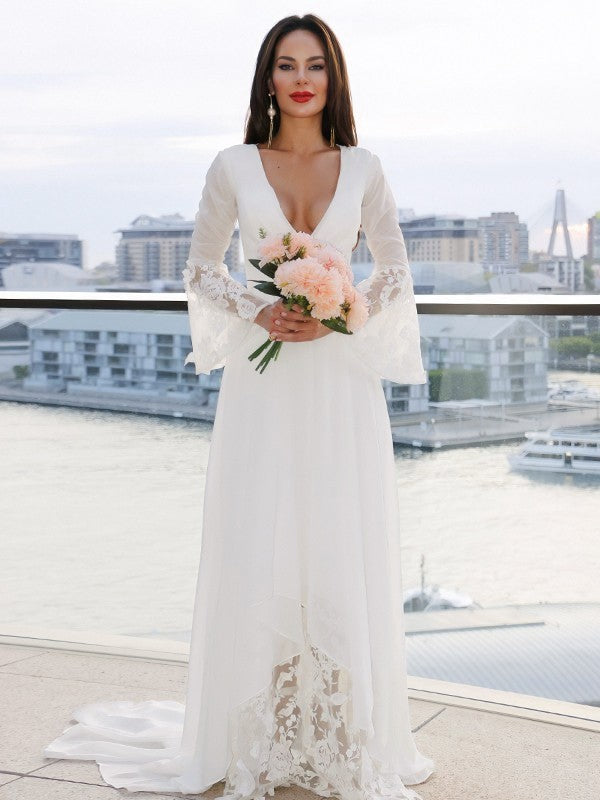 Wholesa  A-Line/Princess Lace V-neck Long Sleeves Sash/Ribbon/Belt Sweep/Brush Train Wedding Dresses