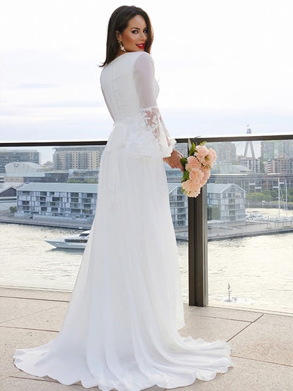 Wholesa  A-Line/Princess Lace V-neck Long Sleeves Sash/Ribbon/Belt Sweep/Brush Train Wedding Dresses