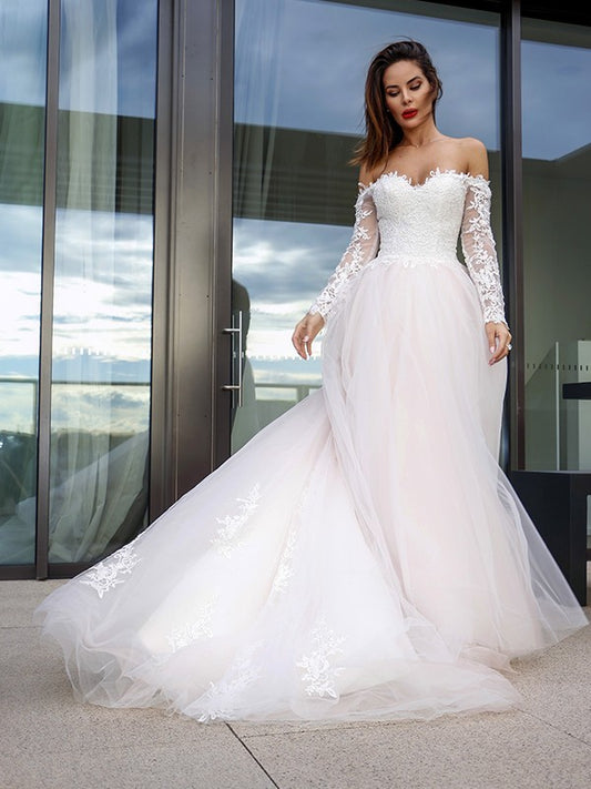 Wholesa  A-Line/Princess Long Sleeves Tulle Applique Off-the-Shoulder Court Train Wedding Dresses