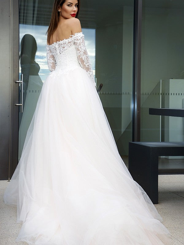 Wholesa  A-Line/Princess Long Sleeves Tulle Applique Off-the-Shoulder Court Train Wedding Dresses