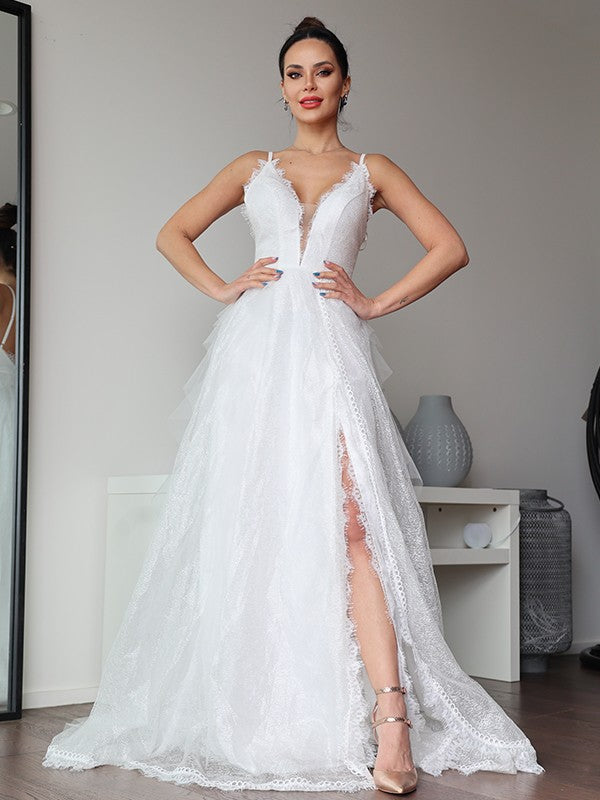 Wholesa  A-Line/Princess Lace Ruffles V-neck Sleeveless Sweep/Brush Train Wedding Dresses