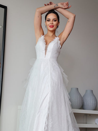 Wholesa  A-Line/Princess Lace Ruffles V-neck Sleeveless Sweep/Brush Train Wedding Dresses