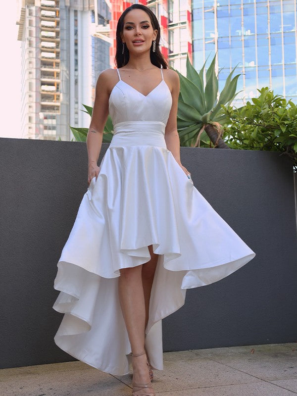 Wholesa  A-Line/Princess Satin Ruched V-neck Sleeveless Asymmetrical Wedding Dresses