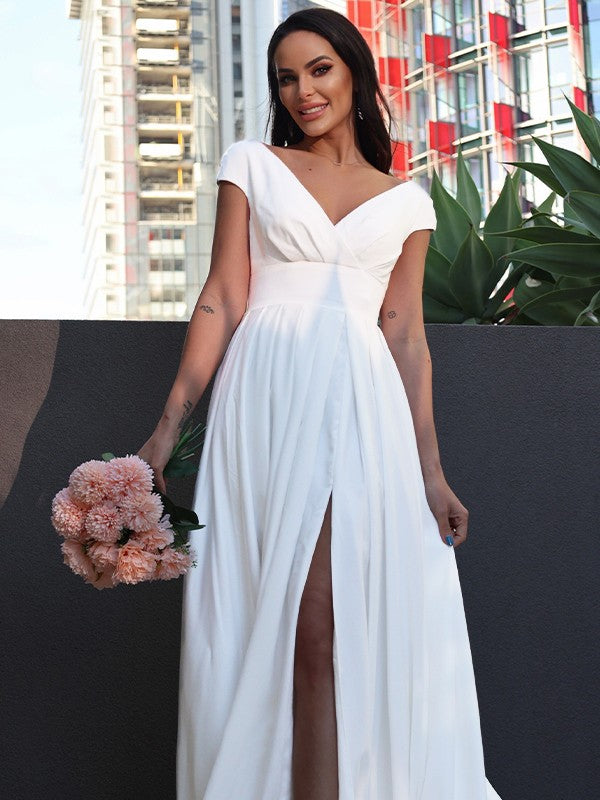 Wholesa  A-Line/Princess Stretch Crepe Ruffles V-neck Short Sleeves Sweep/Brush Train Wedding Dresses