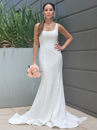 Wholesa  Sheath/Column Stretch Crepe Ruffles Straps Sleeveless Sweep/Brush Train Wedding Dresses