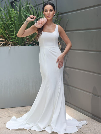 Wholesa  Sheath/Column Stretch Crepe Ruffles Straps Sleeveless Sweep/Brush Train Wedding Dresses