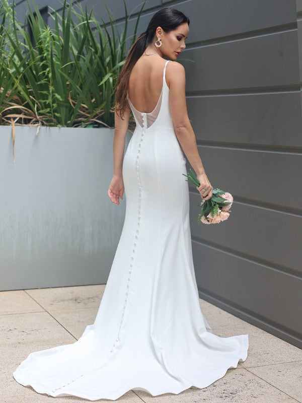 Wholesa  Sheath/Column Stretch Crepe Ruffles Straps Sleeveless Sweep/Brush Train Wedding Dresses