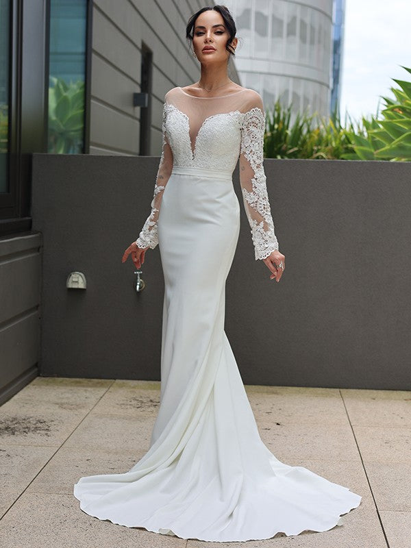 Wholesa  Sheath/Column Stretch Crepe Lace Scoop Long Sleeves Sweep/Brush Train Wedding Dresses