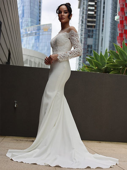 Wholesa  Sheath/Column Stretch Crepe Lace Scoop Long Sleeves Sweep/Brush Train Wedding Dresses