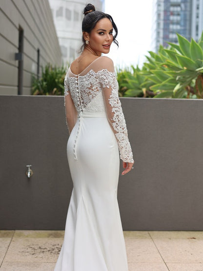 Wholesa  Sheath/Column Stretch Crepe Lace Scoop Long Sleeves Sweep/Brush Train Wedding Dresses