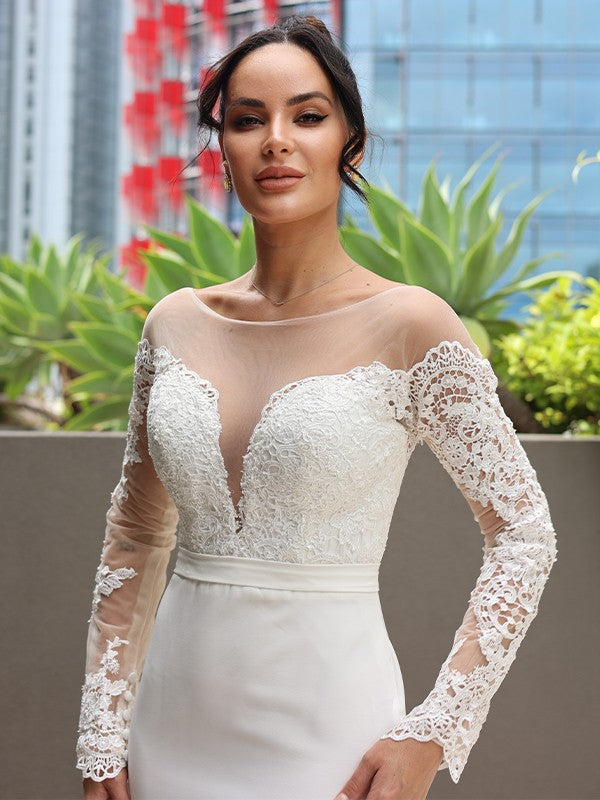 Wholesa  Sheath/Column Stretch Crepe Lace Scoop Long Sleeves Sweep/Brush Train Wedding Dresses