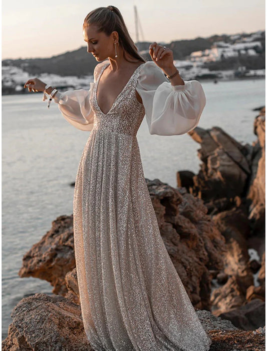 Wholesale Beach Open Back Boho Wedding Dresses A-Line V Neck Long Sleeve Sweep / Brush Train Sequined Bridal Gowns With Pleats 2023 Summer Wedding Party