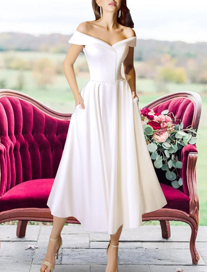 Wholesa Reception Little White Dresses Wedding Dresses A-Line Off Shoulder Cap Sleeve Tea Length Satin Bridal Gowns With Sashes / Ribbons