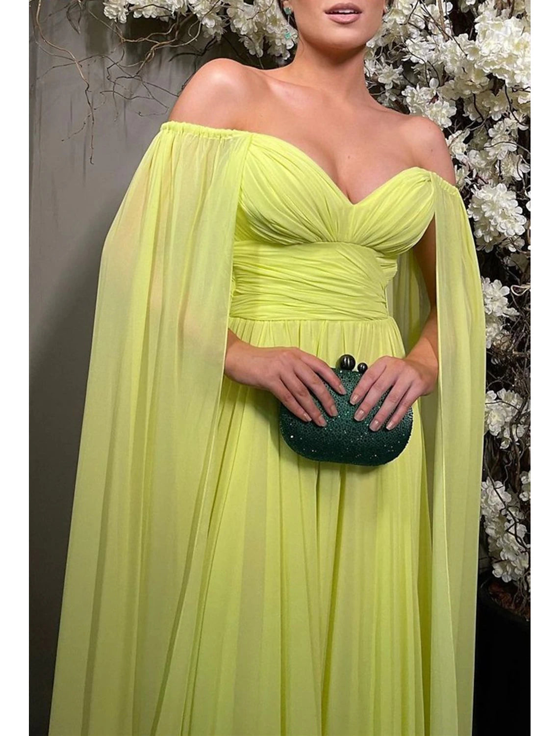 Wholesa  A-Line Evening Gown Elegant Dress Formal Wedding Party Sweep / Brush Train Sleeveless Off Shoulder Capes Chiffon with Pleats