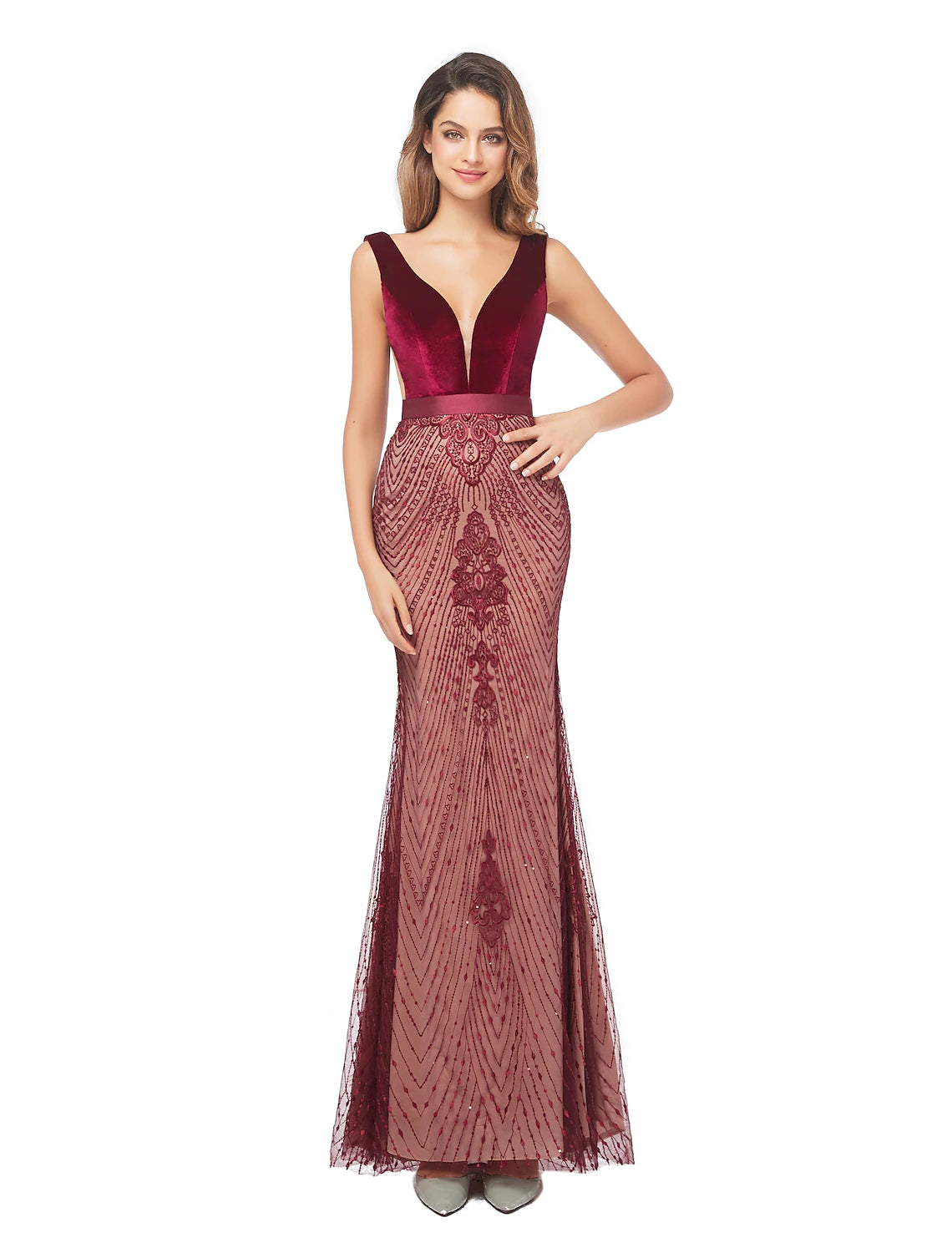 Wholesa Mermaid Party Dress Evening Gown Luxurious Dress Formal Evening Sweep / Brush Train Sleeveless V Neck Fall Wedding Guest Velvet Backless with Beading