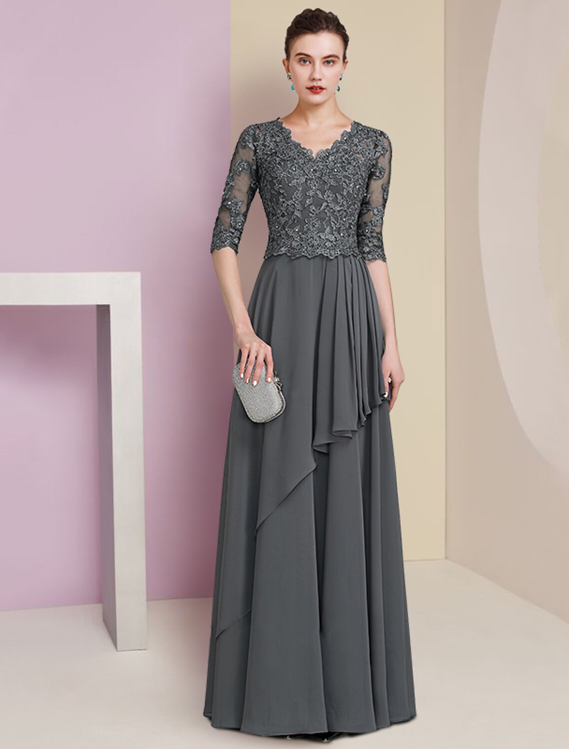 wholesale A-Line Mother of the Bride Dress Formal Luxurious Elegant V Neck Floor Length Chiffon Lace Half Sleeve with Pleats Beading Appliques