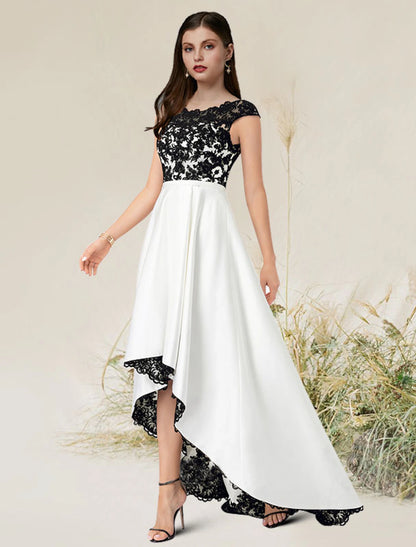 wholesale  A-Line Elegant Engagement Formal Evening Dress Jewel Neck Sleeveless Asymmetrical Satin with Appliques