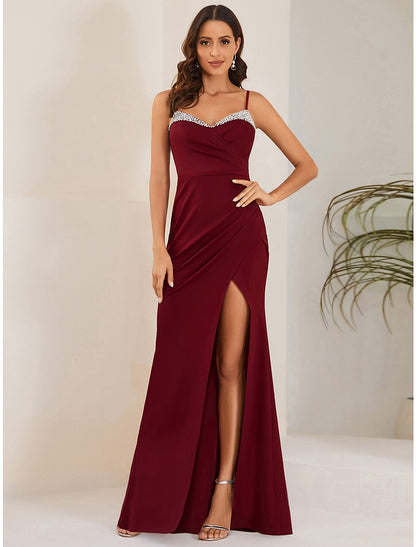 Wholesa Mermaid / Trumpet Wedding Guest Dresses Sexy Dress Formal Black Tie Floor Length Sleeveless Spaghetti Strap Stretch Fabric with Slit Pure Color