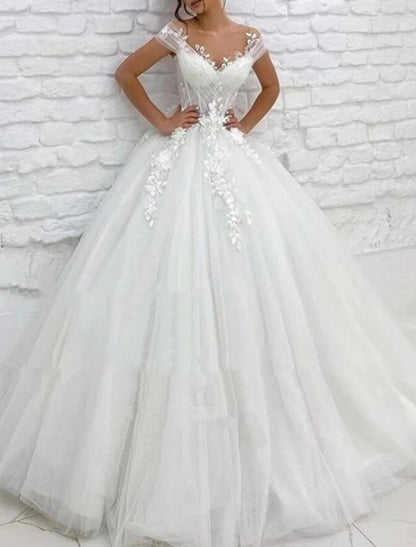 Wholesa Formal Wedding Dresses Ball Gown V Neck Cap Sleeve Chapel Train Lace Bridal Gowns With Appliques