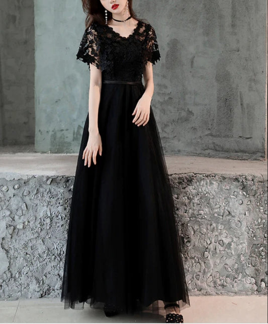 Black Lace and Tulle Long A-line Simple Evening Dress Formal Dress Prom Dress Elegant Evening Dress Wholesale