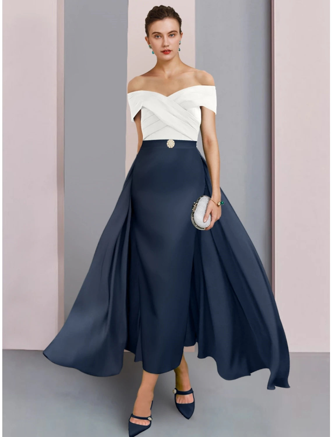 Wholesa A-Line Mother of the Bride Dress Wedding Guest Elegant Off Shoulder Ankle Length Stretch Fabric Short Sleeve with Crystal Brooch Ruching