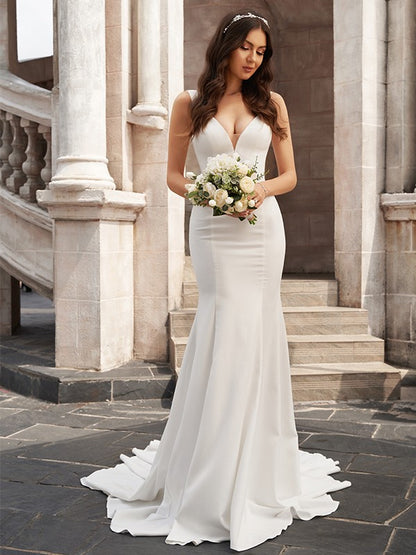 Aimishang  Trumpet/Mermaid Stretch Crepe V-neck Ruffles Sleeveless Chapel Train Wedding Dresses