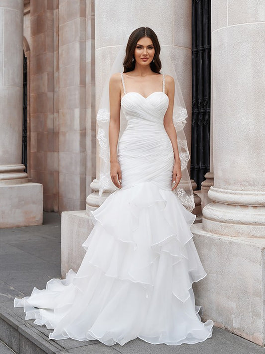 Wholesa  Trumpet/Mermaid Layers Spaghetti Straps Organza Sleeveless Sweep/Brush Train Wedding Dresses