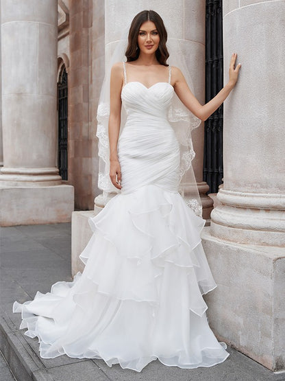 Wholesa  Trumpet/Mermaid Layers Spaghetti Straps Organza Sleeveless Sweep/Brush Train Wedding Dresses