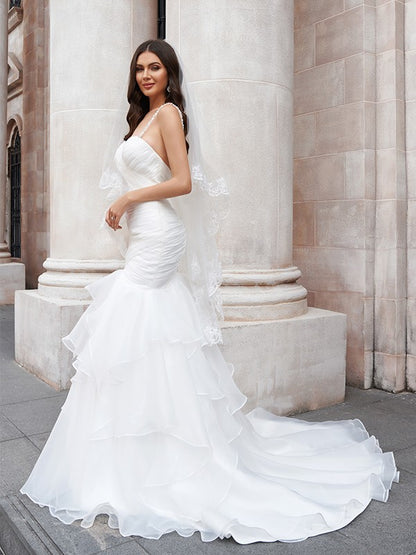 Wholesa  Trumpet/Mermaid Layers Spaghetti Straps Organza Sleeveless Sweep/Brush Train Wedding Dresses