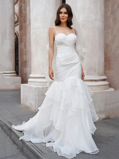 Wholesa  Trumpet/Mermaid Layers Spaghetti Straps Organza Sleeveless Sweep/Brush Train Wedding Dresses