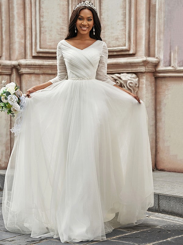 Wholesa A-Line/Princess Ruched Sweetheart Tulle 3/4 Sleeves Sweep/Brush Train Wedding Dresses