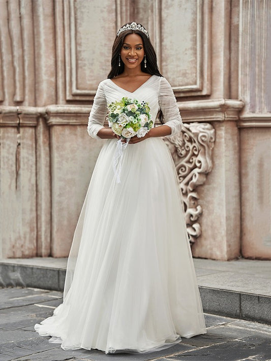 Wholesa A-Line/Princess Ruched Sweetheart Tulle 3/4 Sleeves Sweep/Brush Train Wedding Dresses