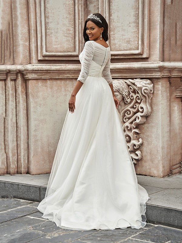 Wholesa A-Line/Princess Ruched Sweetheart Tulle 3/4 Sleeves Sweep/Brush Train Wedding Dresses