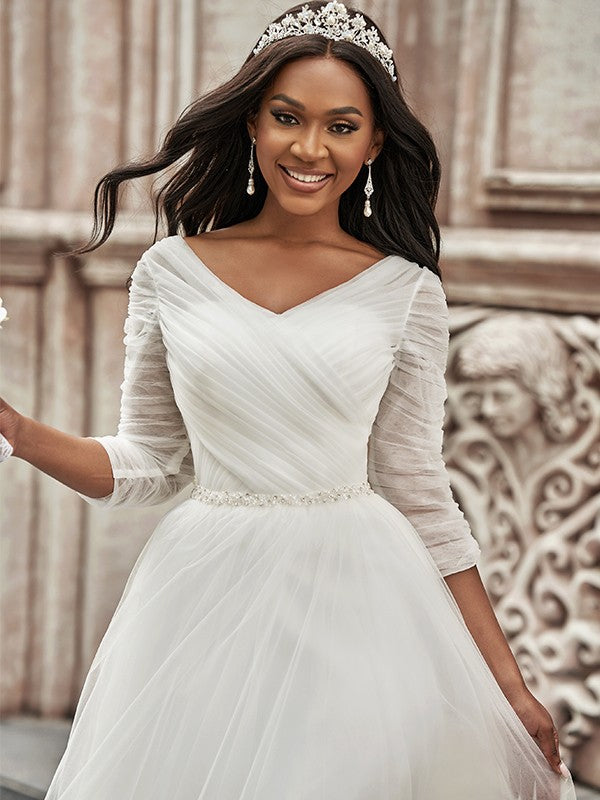 Wholesa A-Line/Princess Ruched Sweetheart Tulle 3/4 Sleeves Sweep/Brush Train Wedding Dresses