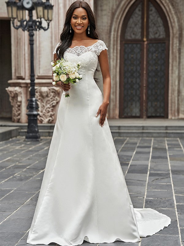 Wholesa  A-Line/Princess Scoop Satin Lace Sleeveless Chapel Train Wedding Dresses